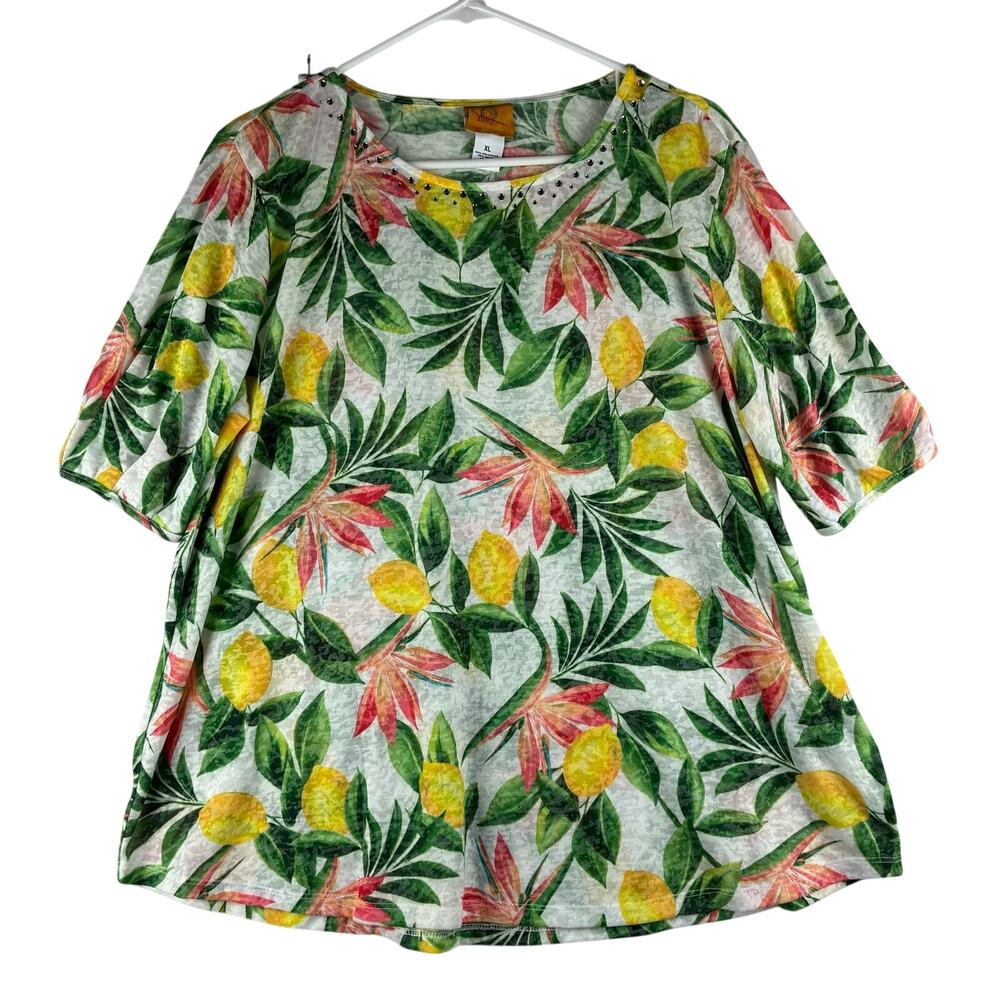 Ruby Rd Short Sleeve T-Shirt Top Women's XL Yellow Lemon Tropical Floral Resort